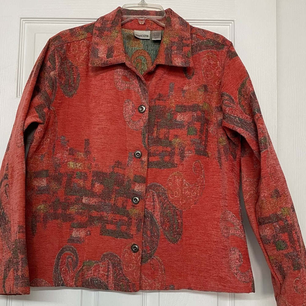 Chico’s Coral Print Brushed Fabric Jacket Metal Buttons Art to Wear Sz 12